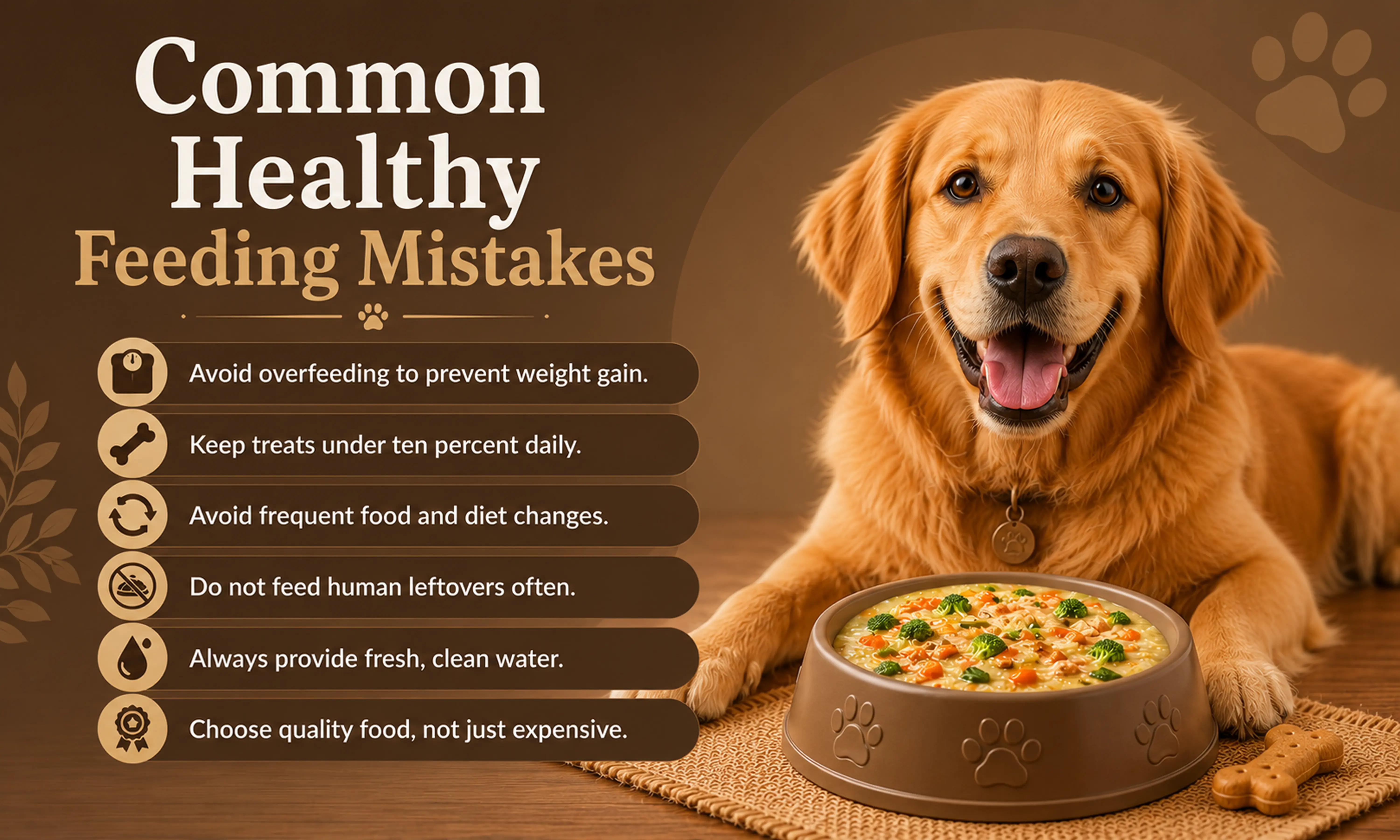 Common healthy dog feeding mistakes including overfeeding, excess treats, diet changes, and poor hydration