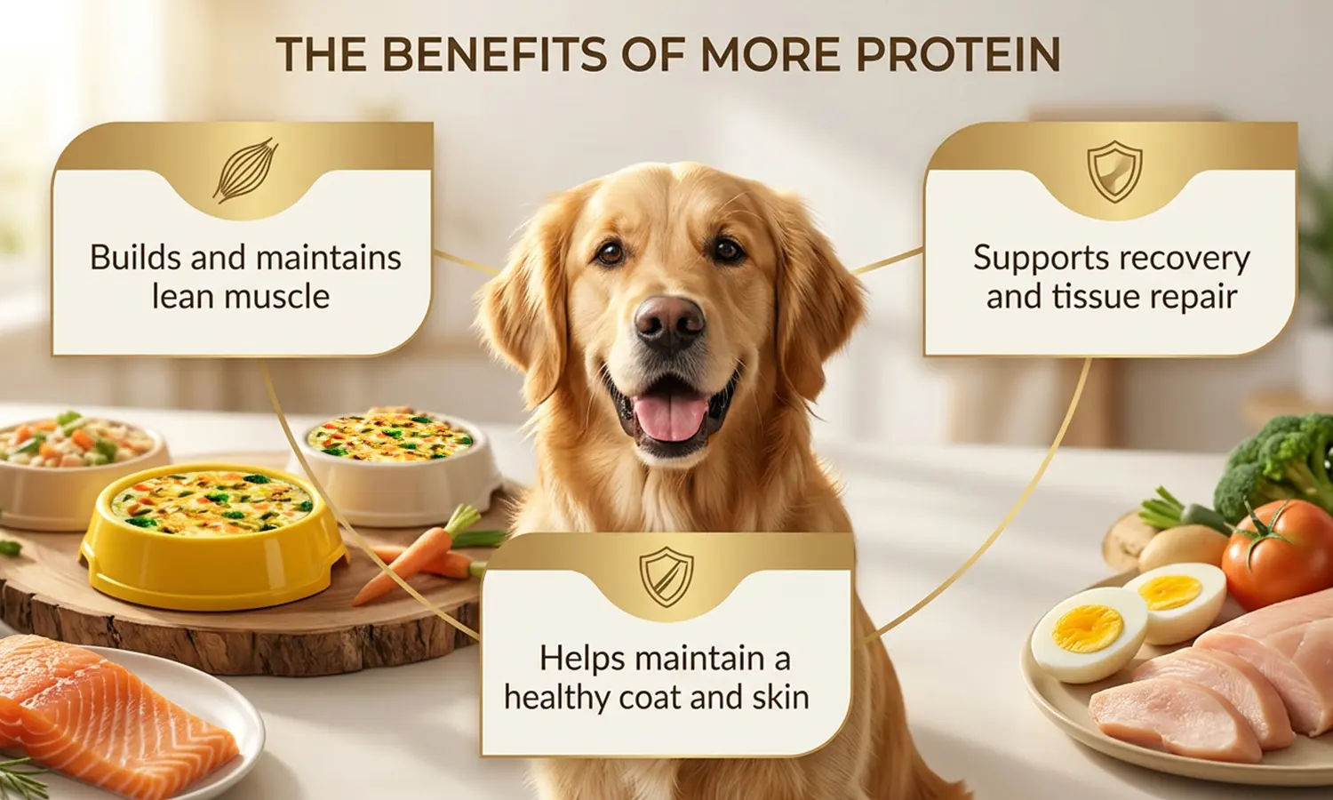 Benefits of high protein dog food including lean muscle, tissue repair, and healthy skin and coat