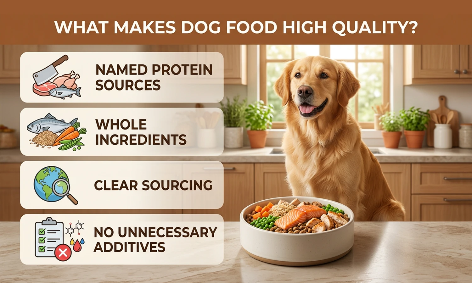 High quality dog food featuring whole ingredients, clear sourcing, and no unnecessary additives.