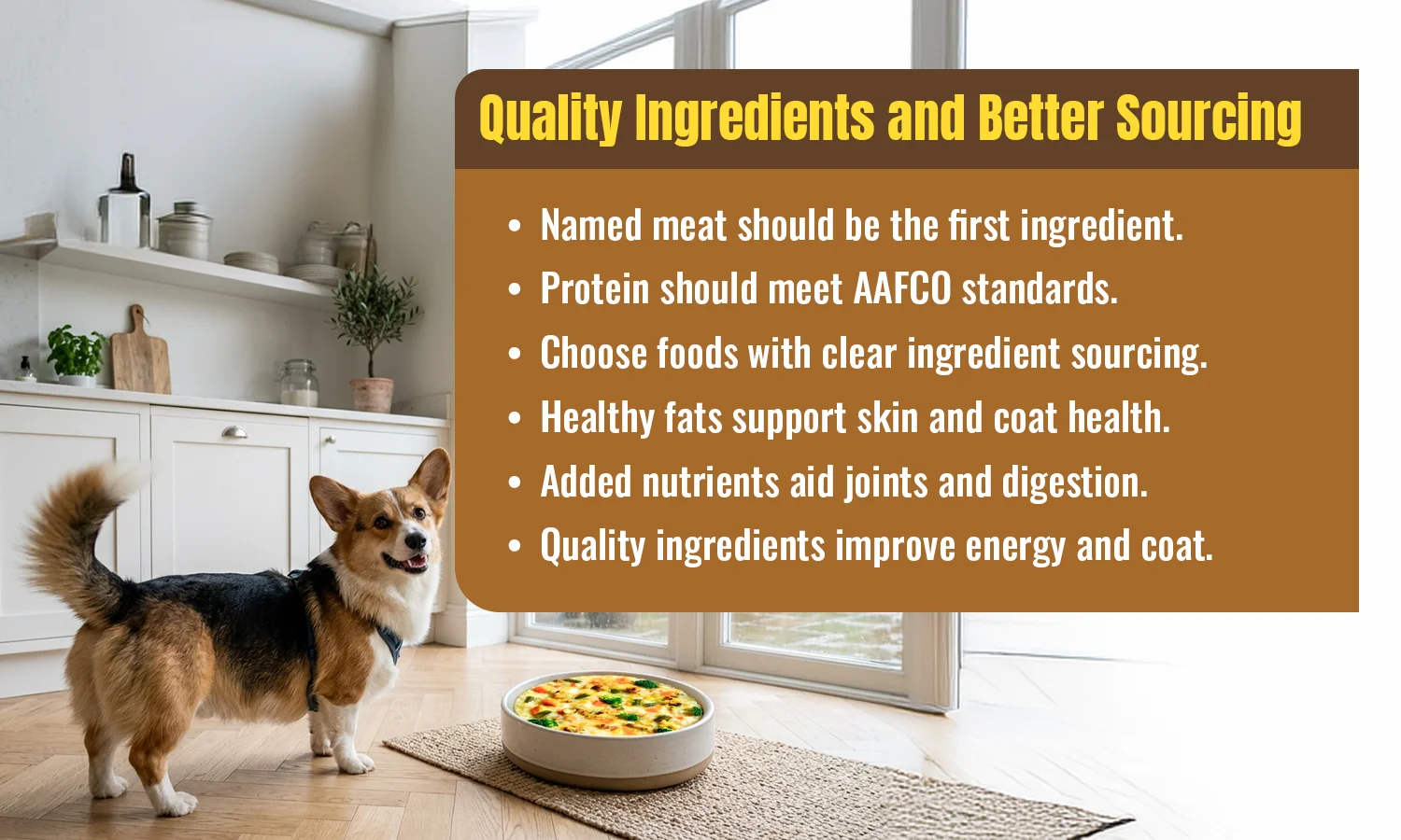 Quality dog food ingredients including named meat, protein, healthy fats, and added nutrients