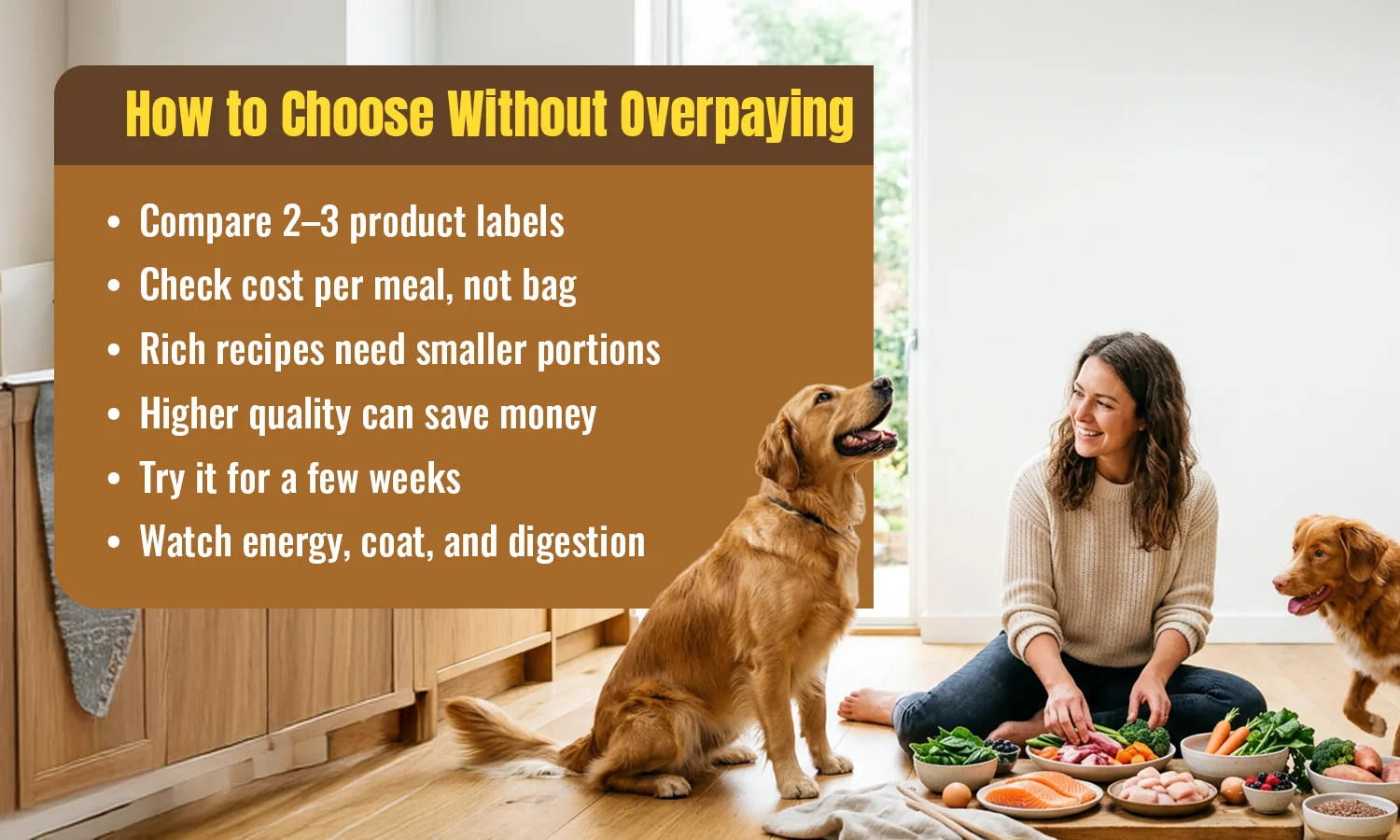 How to choose premium dog food by comparing labels, cost per meal, portions, and quality
